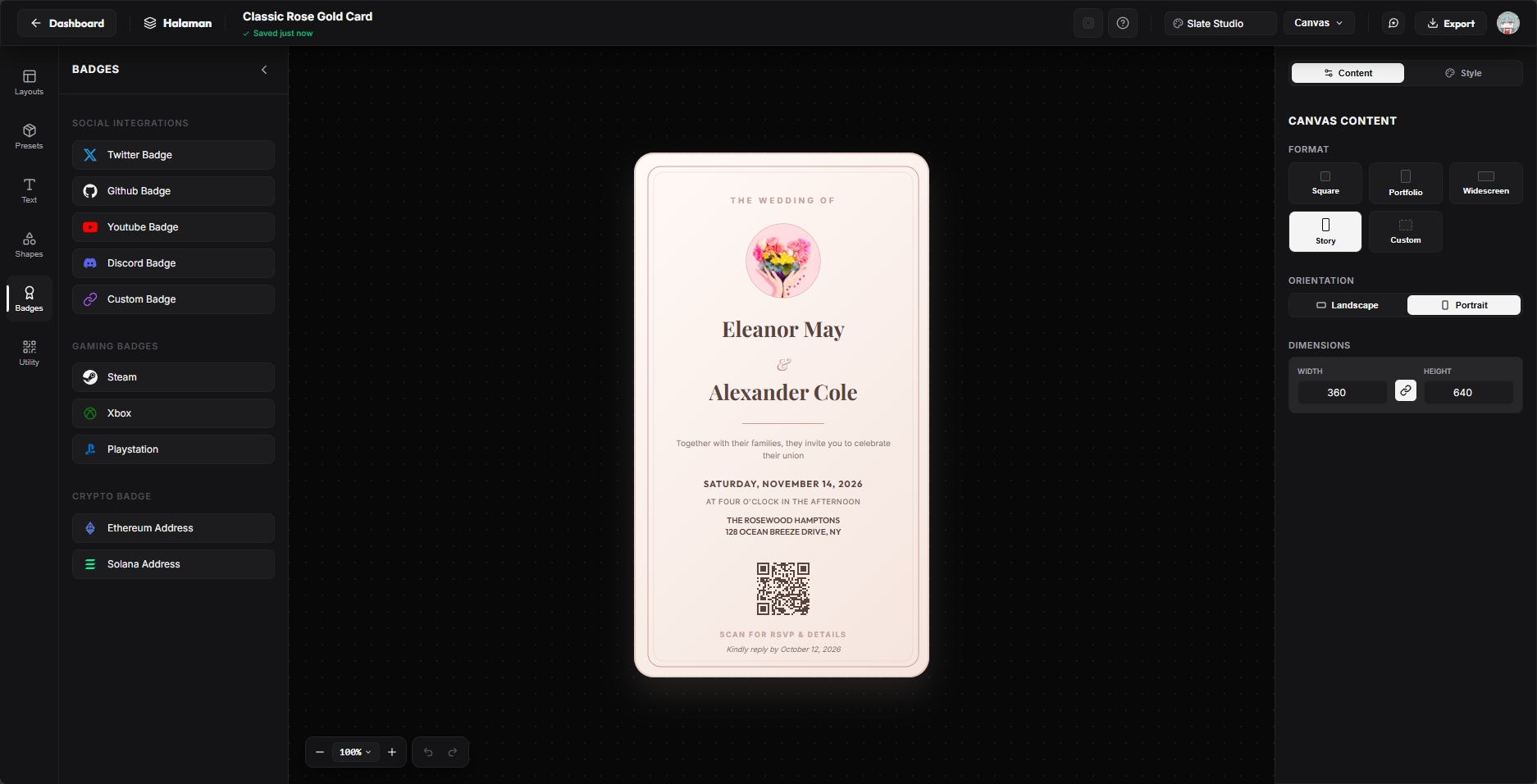 The halaman.me card editor showing the layout library, design canvas, and text property inspector.
