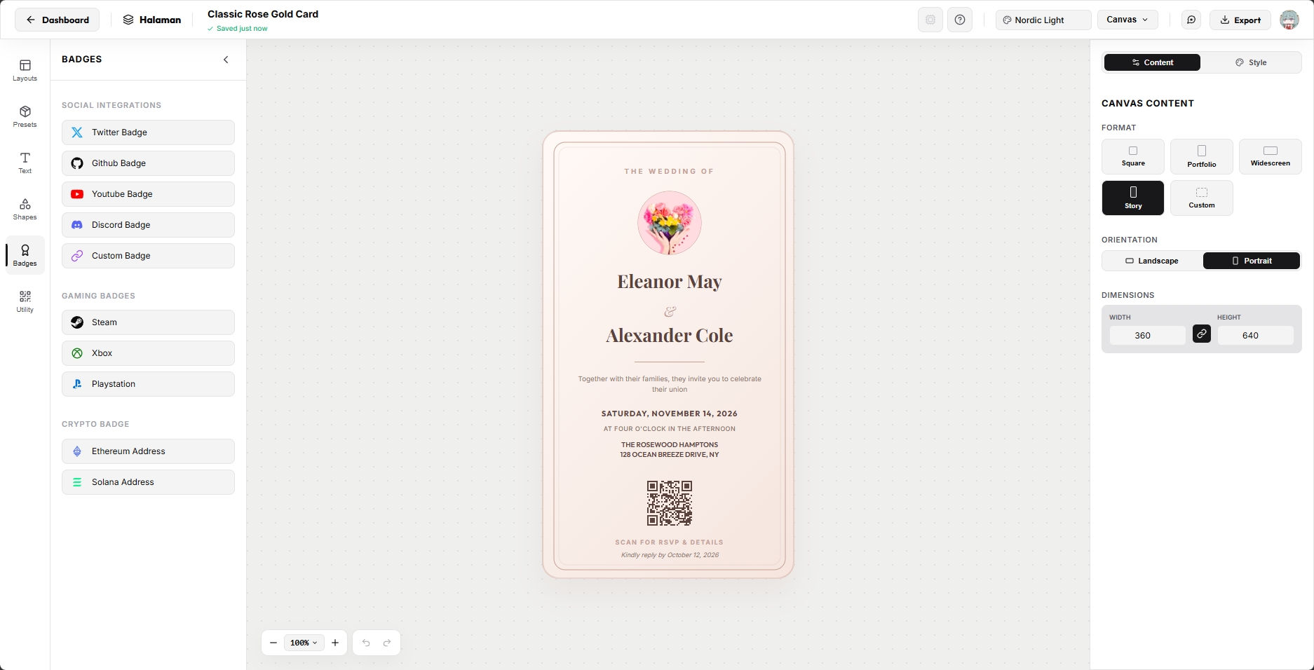 The halaman.me card editor showing the layout library, design canvas, and text property inspector.