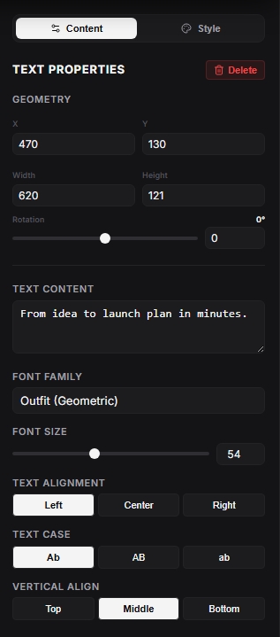 The halaman.me text property inspector showing geometry, typography, and alignment controls.